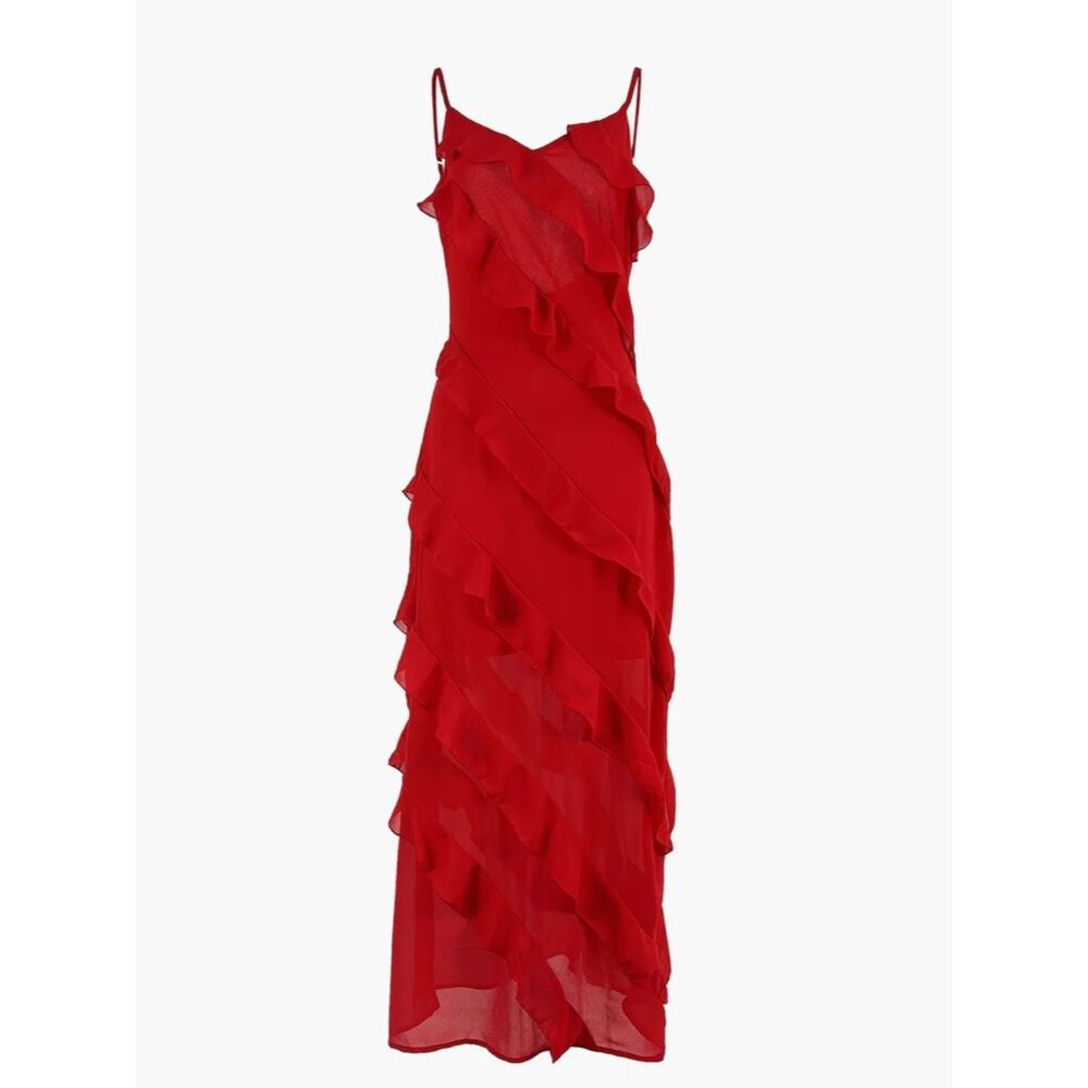 Commense Semi-Sheer Ladder Ruffle Zippered Long Dress NWT